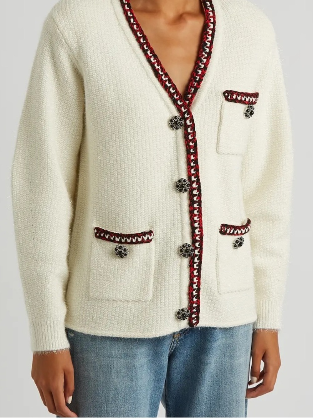 Self Portrait Cotton-Blend Metallic Knit Cardigan